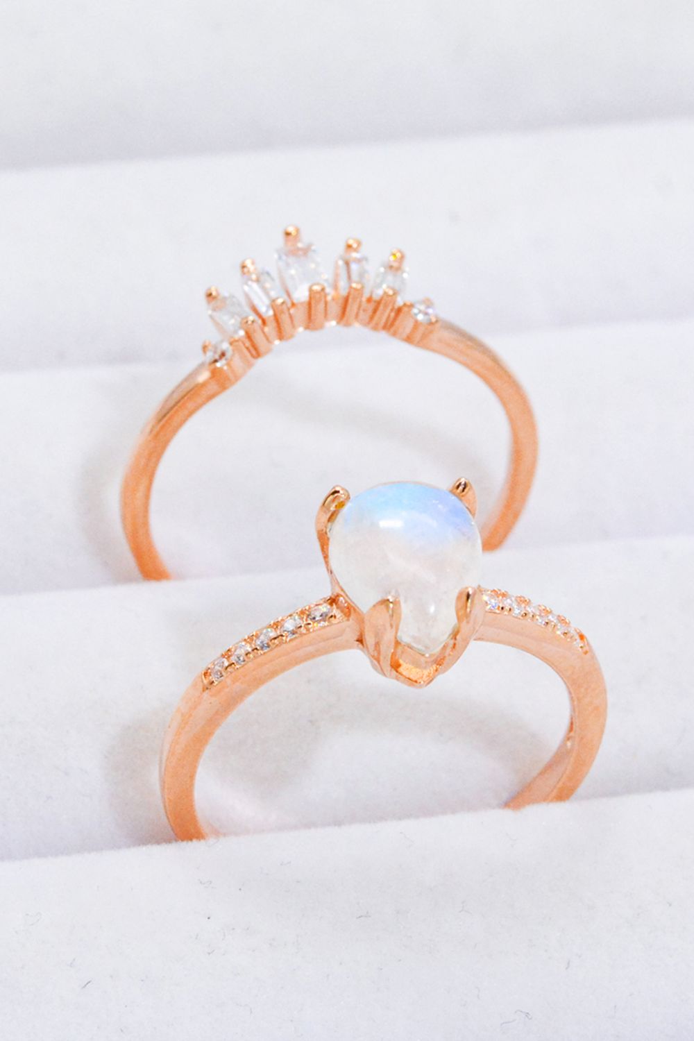 Lunar Illumination Natural Moonstone and 18K Rose Gold-Plated Two-Piece Ring Set