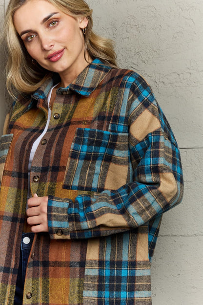 Mad Hatter Plaid Curved Hem Shirt Jacket with Chest Pockets