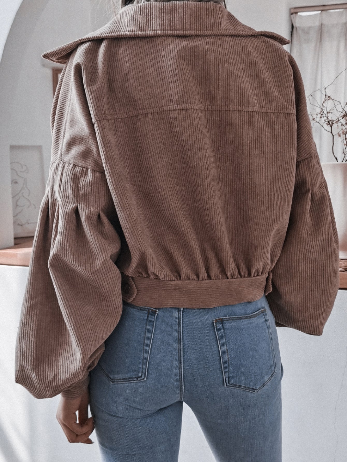 Lantern Sleeve Cropped Corduroy Jacket