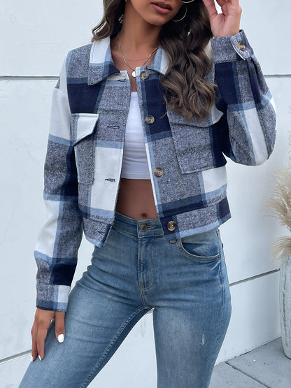 Rustic Romance Plaid Button Up Drop Shoulder Cropped Jacket