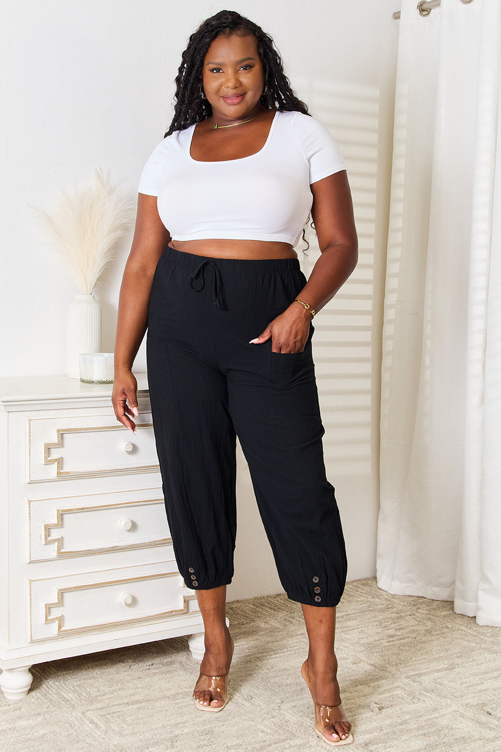 Fit To Be Tied Button Hem Detail Cropped Pants