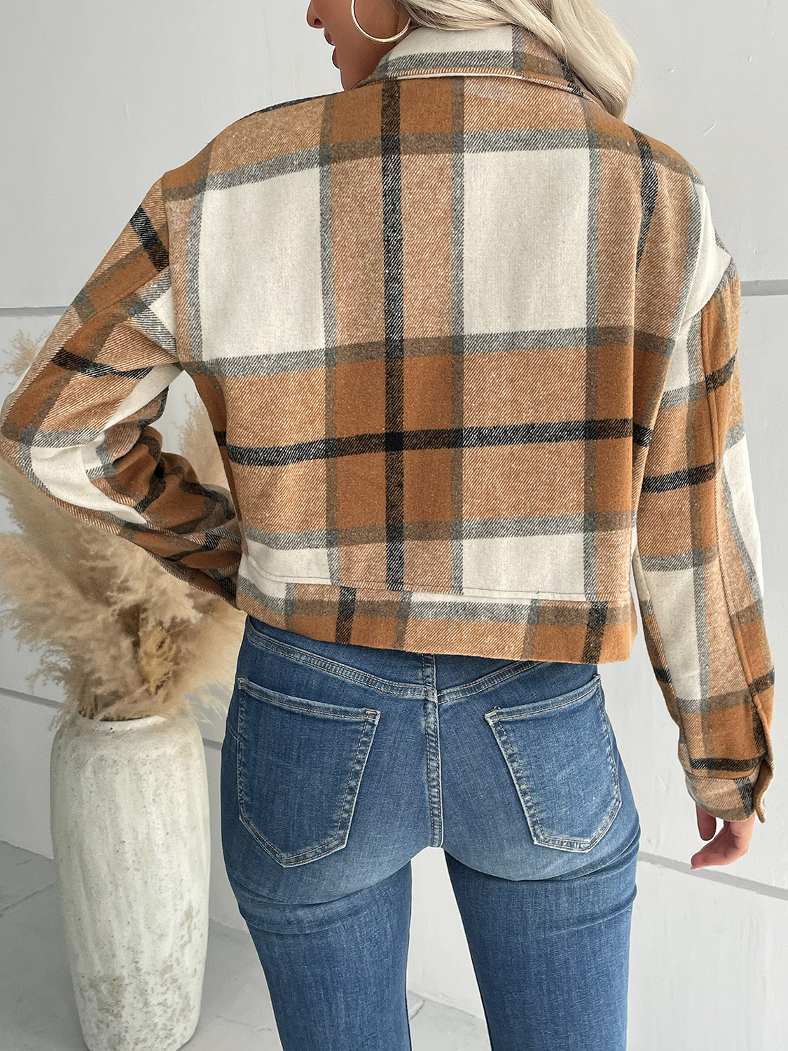 Rustic Romance Plaid Button Up Drop Shoulder Cropped Jacket