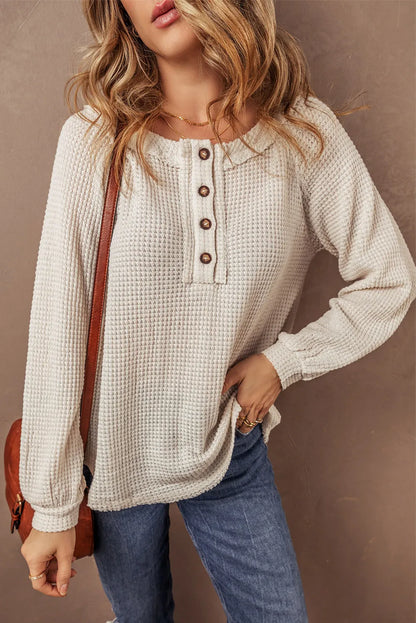 Harvest Moon Waffle-Knit Half Button Top