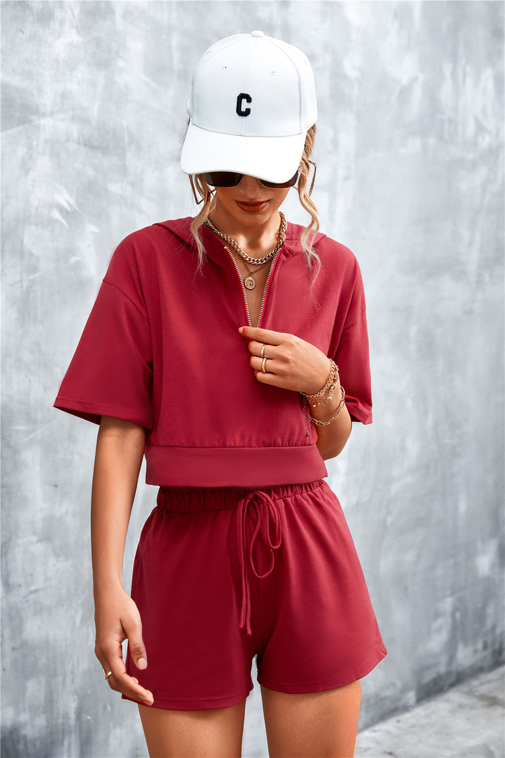 Because She Can Half Zip Cropped Hooded T-Shirt and Shorts Set