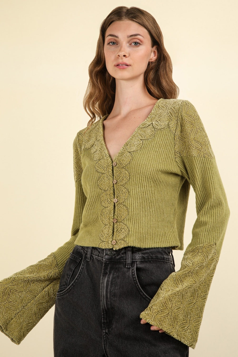 Noble Narrative V-Neck Lace Edge Button Down Crop Knit Top