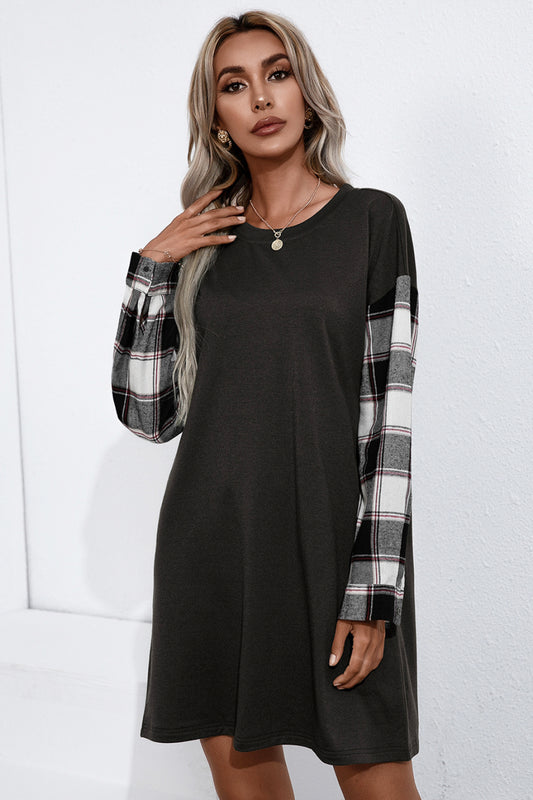 Dreamers Plaid Sleeve Contrast T-Shirt Dress