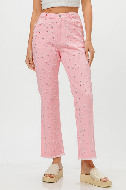 Pink Rabbit Pearls Embellished High Rise Jean Pants