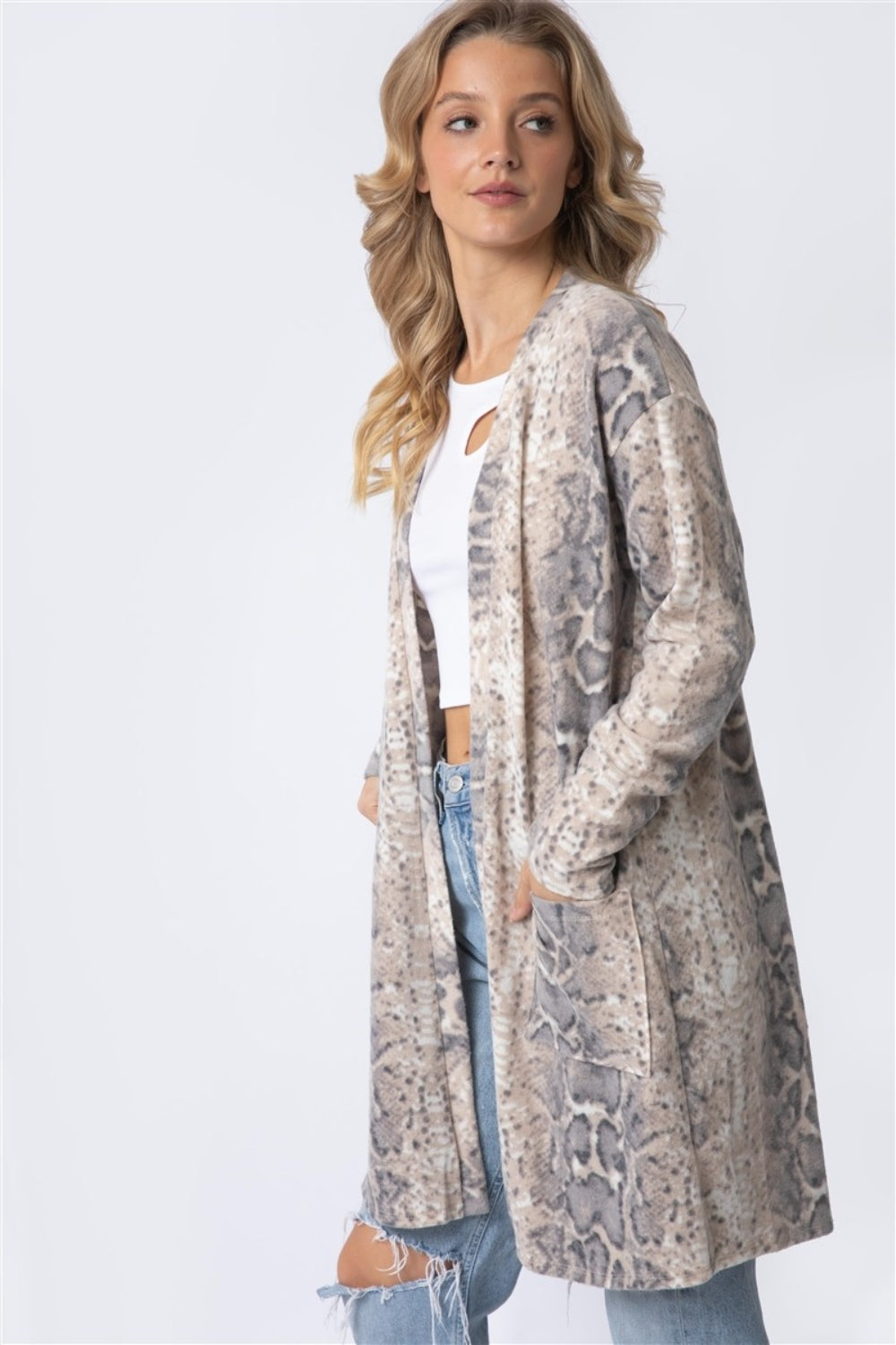 Saurian Reptile Print Flannel Open Front Longline Cardigan