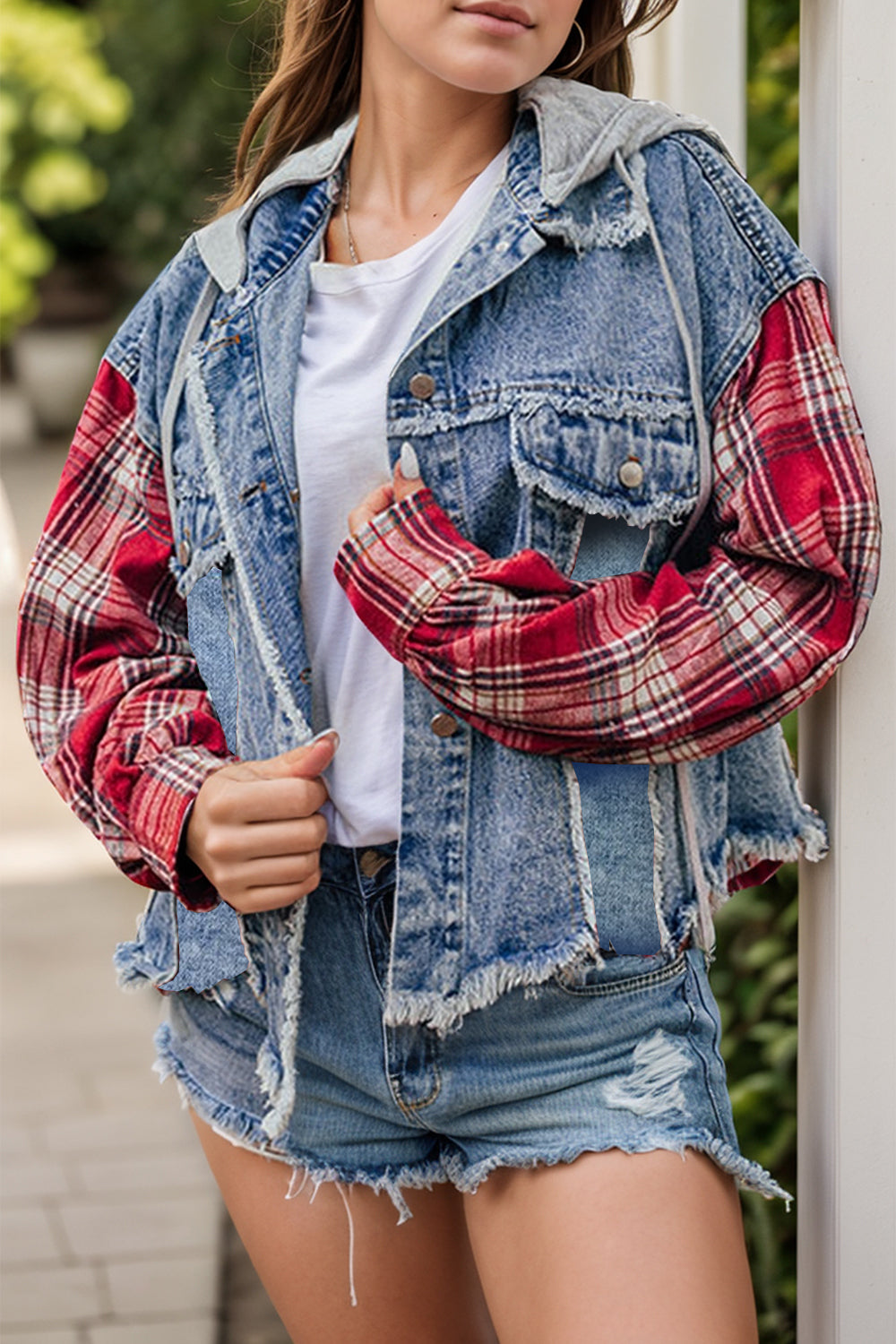 Leaves and Magic Raw Hem Drawstring Plaid Denim Jacket