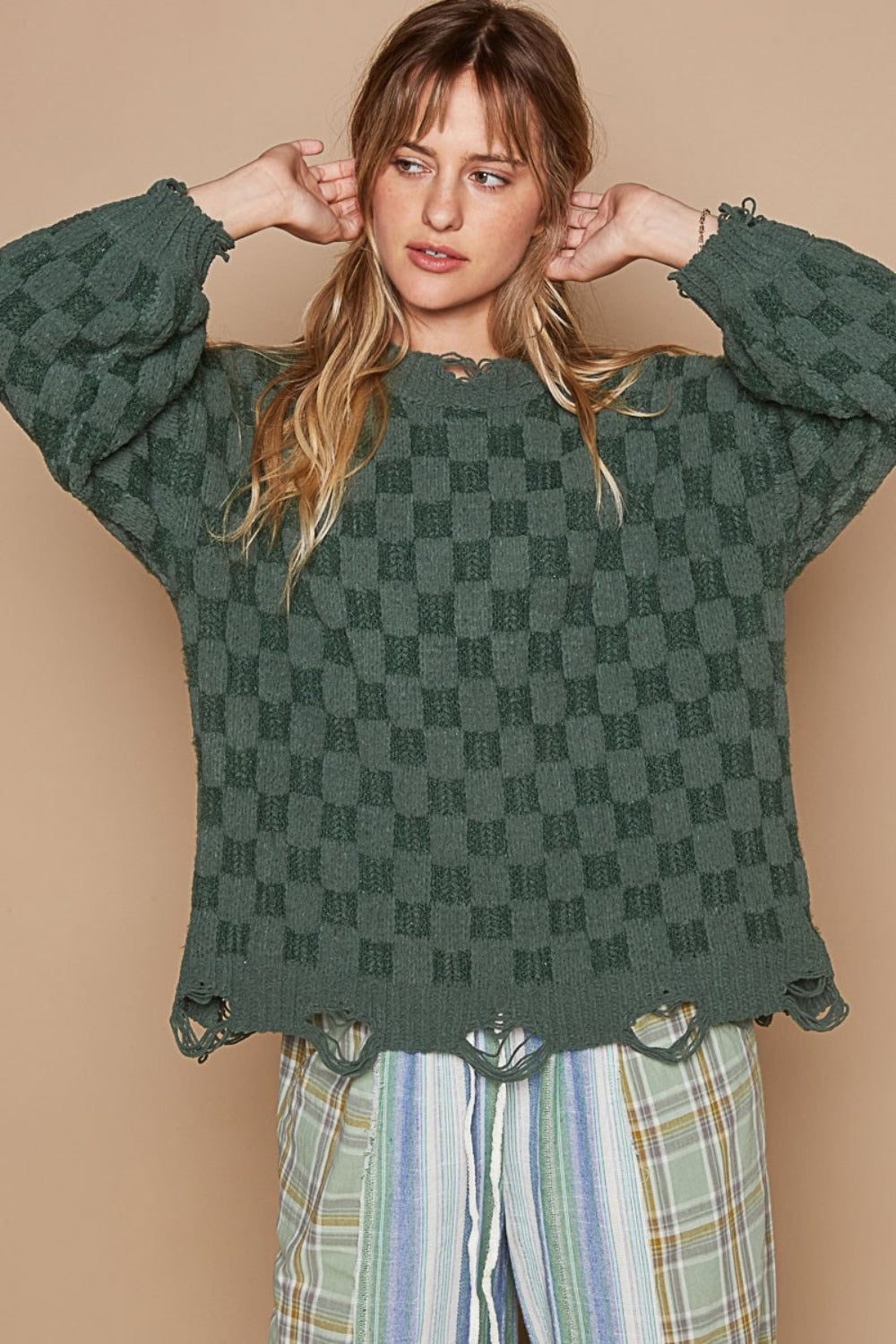 Rabbit's Run Pullover Checkered Distressed Edge Sweater