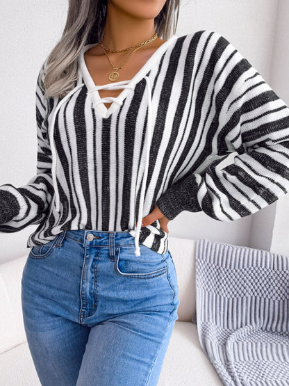 Midnight Magick Striped Lace-Up Long Sleeve Sweater