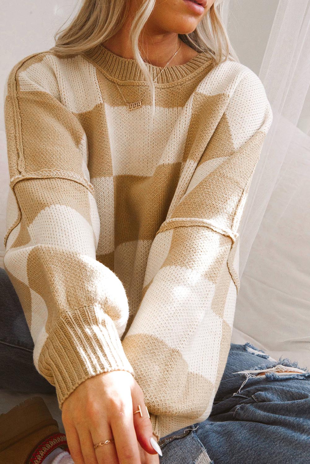 Sweet Tooth Checkered Bishop Sleeve Sweater