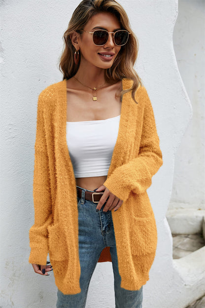 The Wispwool Open Front Openwork Fuzzy Cardigan with Pockets