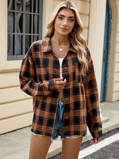 Twilight Tartan Plaid Saddle Shoulder Long Sleeve Shirt