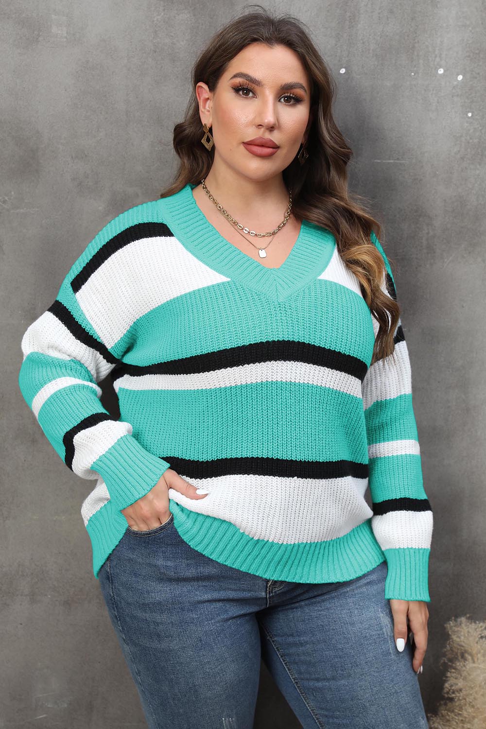 Spellbound Plus Size Striped V-Neck Dropped Shoulder Sweater