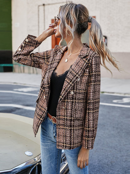 Autumn Allure Plaid Lapel Collar Blazer