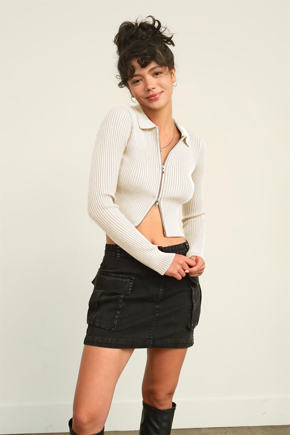 The Nightshade Double Zip Ribbed Cropped Cardigan - Vanilla