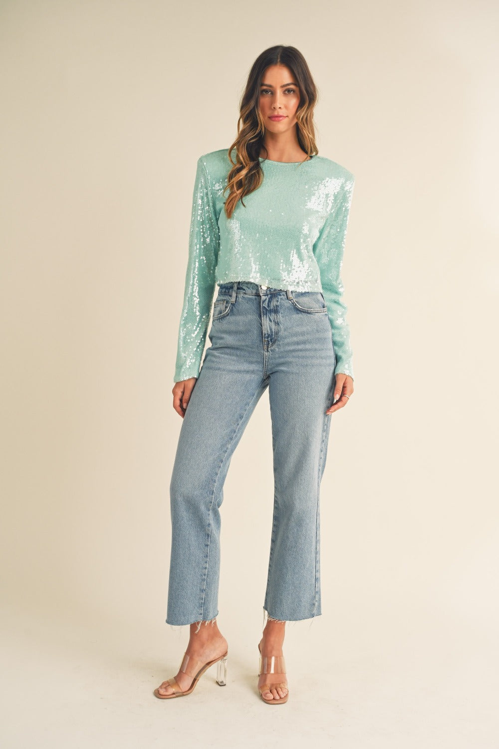 Shimmering Scales Shoulder Padded Sequin Crop Top