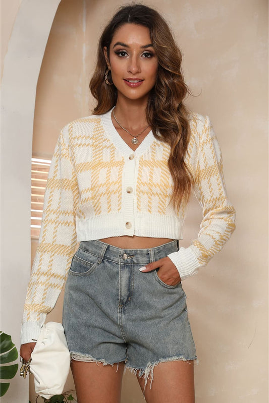 Serene Stitches V-Neck Cropped Button-Up Cardigan