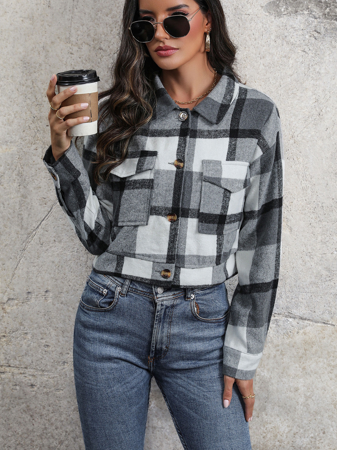 Rustic Romance Plaid Button Up Drop Shoulder Cropped Jacket