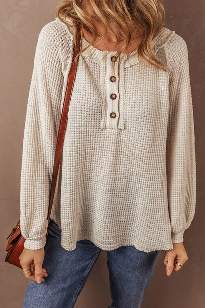 Harvest Moon Waffle-Knit Half Button Top