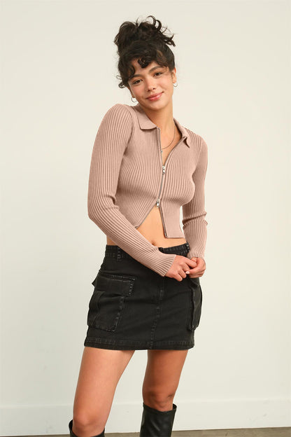 The Nightshade Double Zip Ribbed Cropped Cardigan - Khaki