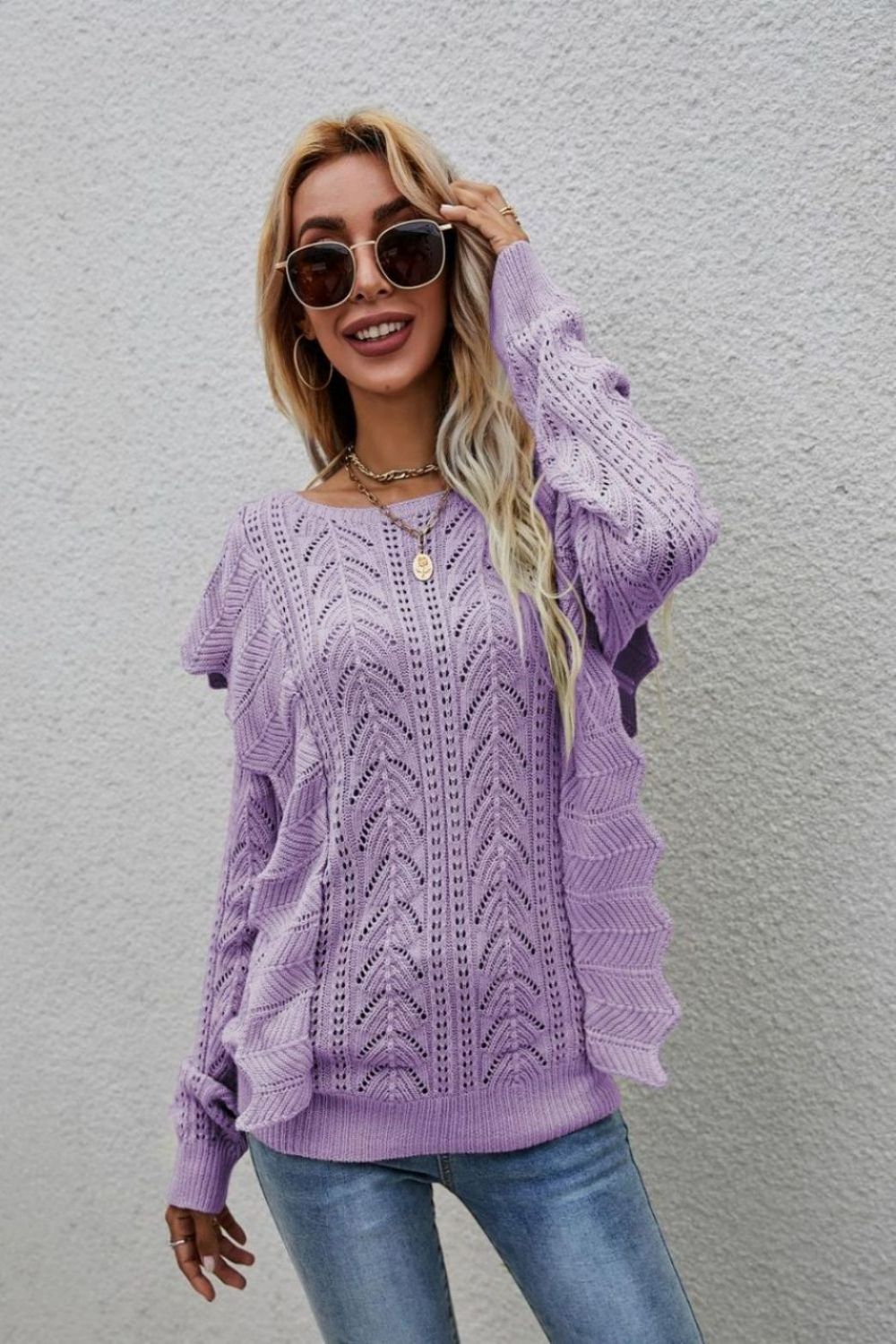 Dreamland Lacey Round Neck Ruffled Sweater