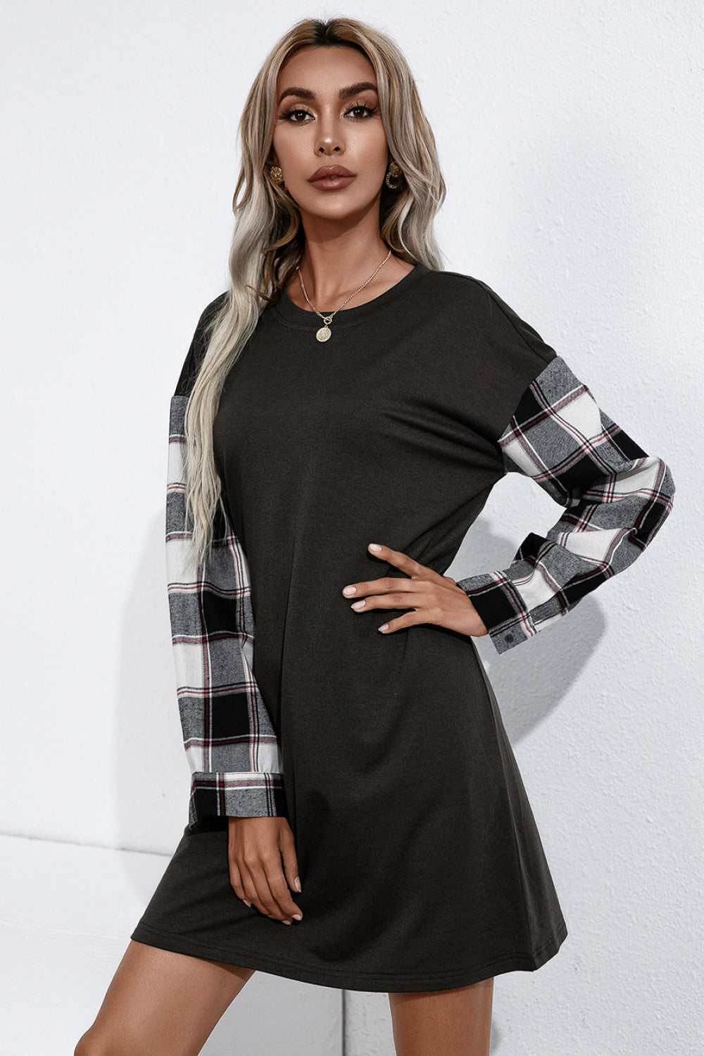 Dreamers Plaid Sleeve Contrast T-Shirt Dress