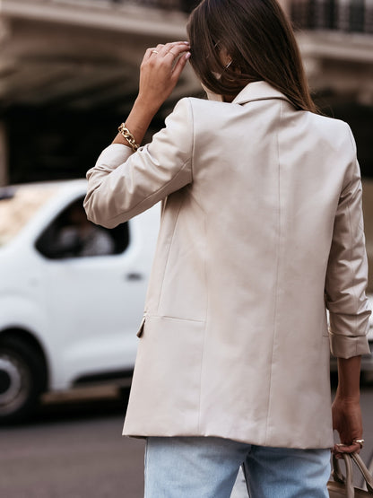 Keep 'em Guessing Faux Leather Open Front Blazer