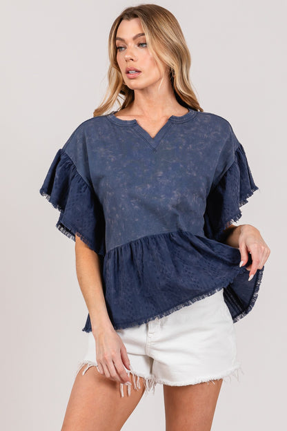 Flights of Fancy Ruffle Sleeve Washed Short Sleeve Blouse