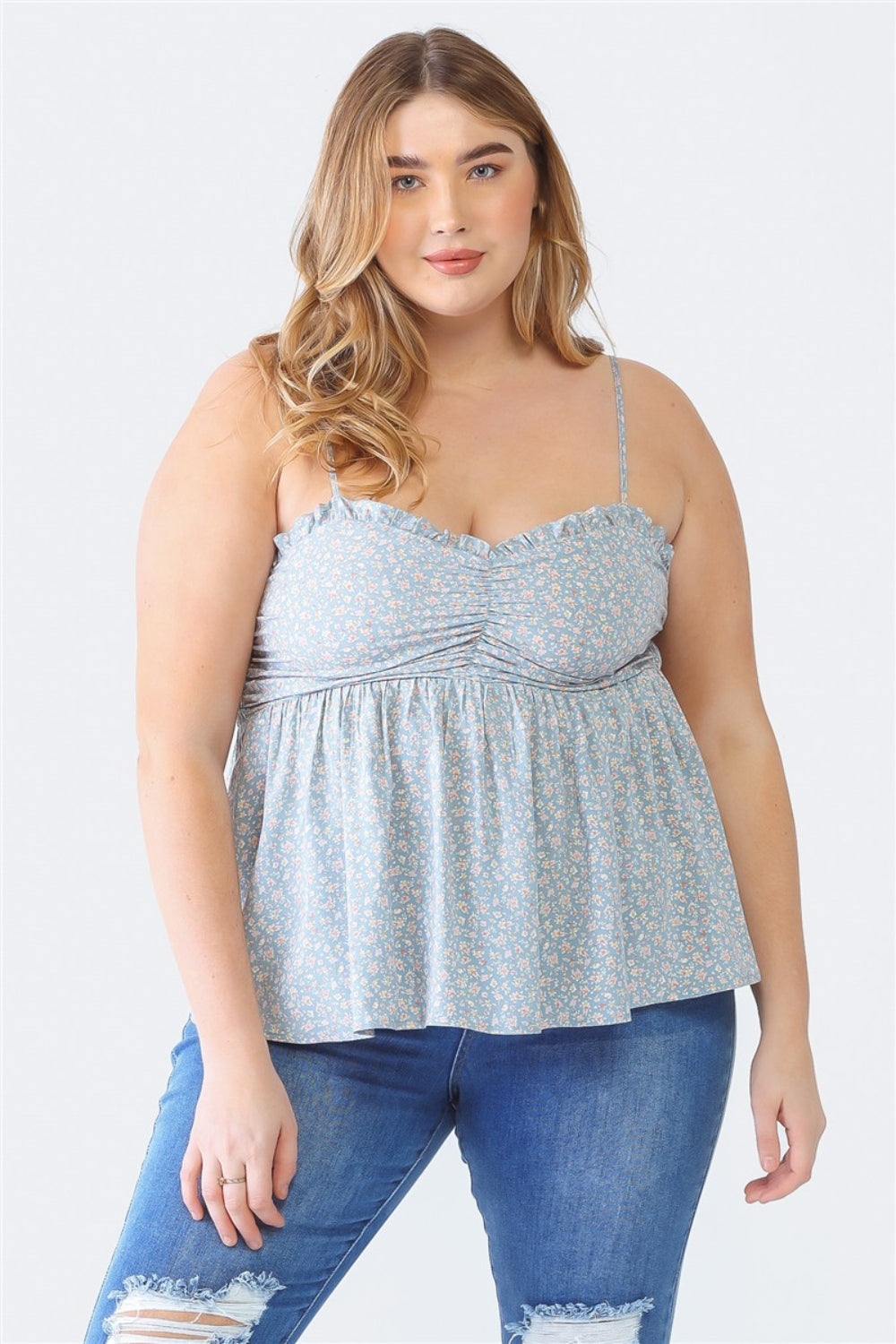 Enchanté Plus Size Frill Smocked Floral Sweetheart Neck Cami