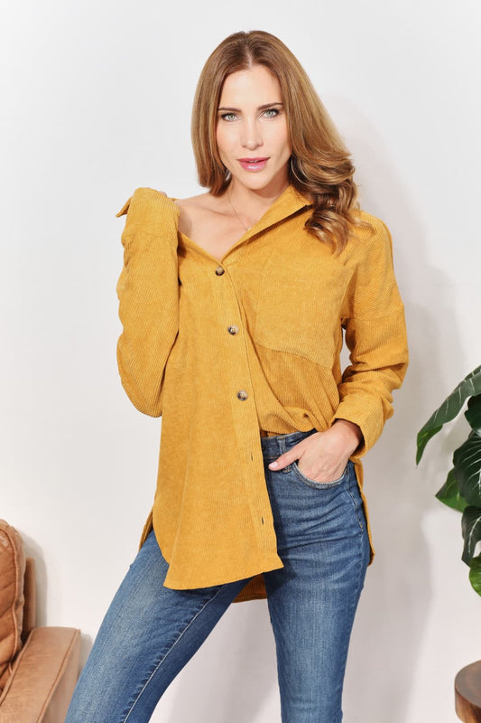 Golden Afternoon Oversized Corduroy Button-Down Tunic Shirt with Pocket