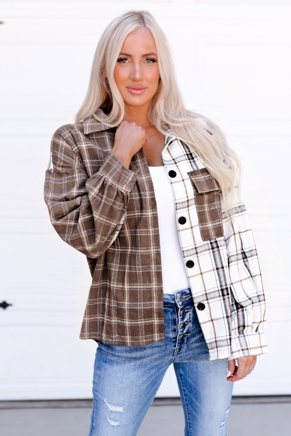 Pumpkin Hollow Plaid Contrast Button Up Shirt Jacket