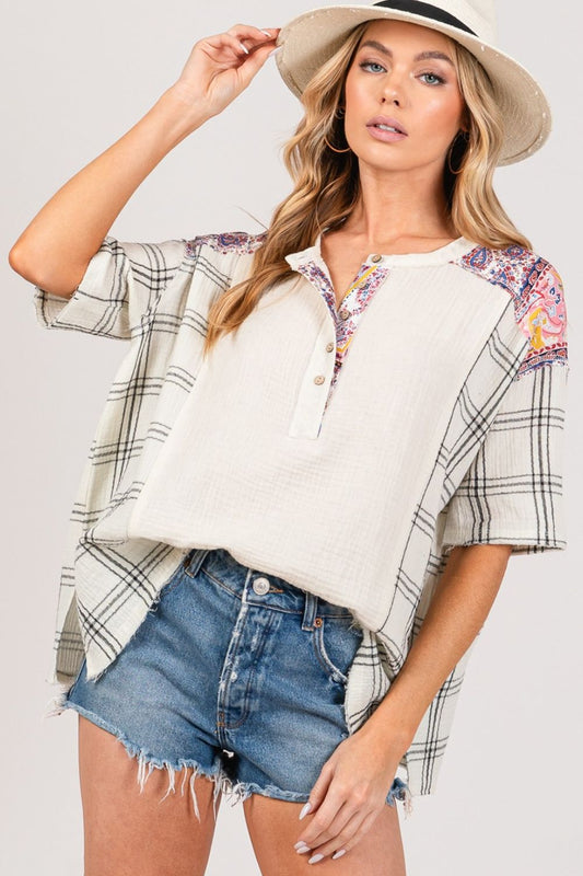 Curious Stitches Plaid Half Button Gauze Top