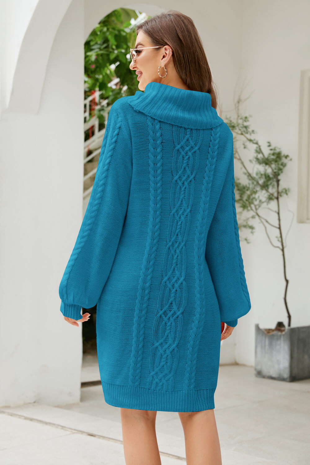 Isolde Cable Knit Turtleneck Lantern Sleeve Sweater Dress