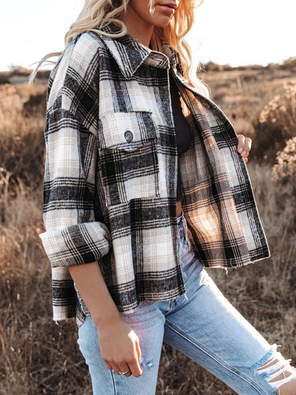 Frosted Fables Pocketed Plaid Button Down Long Sleeve Shacket