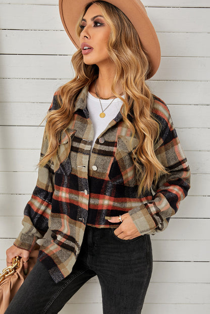 Cascade of Leaves Plaid Pocketed Button Down Shacket