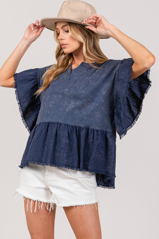 Flights of Fancy Ruffle Sleeve Washed Short Sleeve Blouse