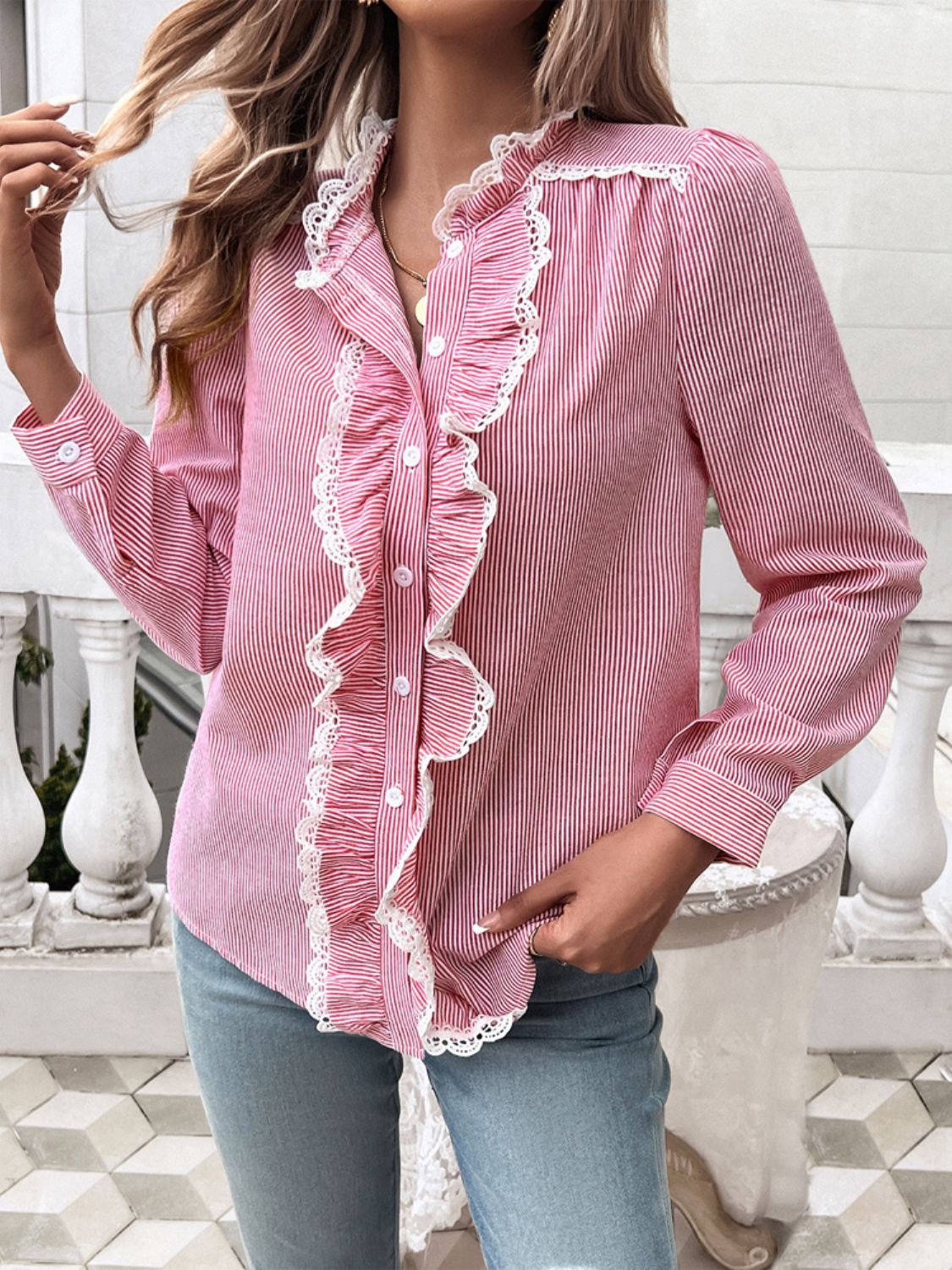 The Royal Flourish Textured Lace Detail Long Sleeve Shirt