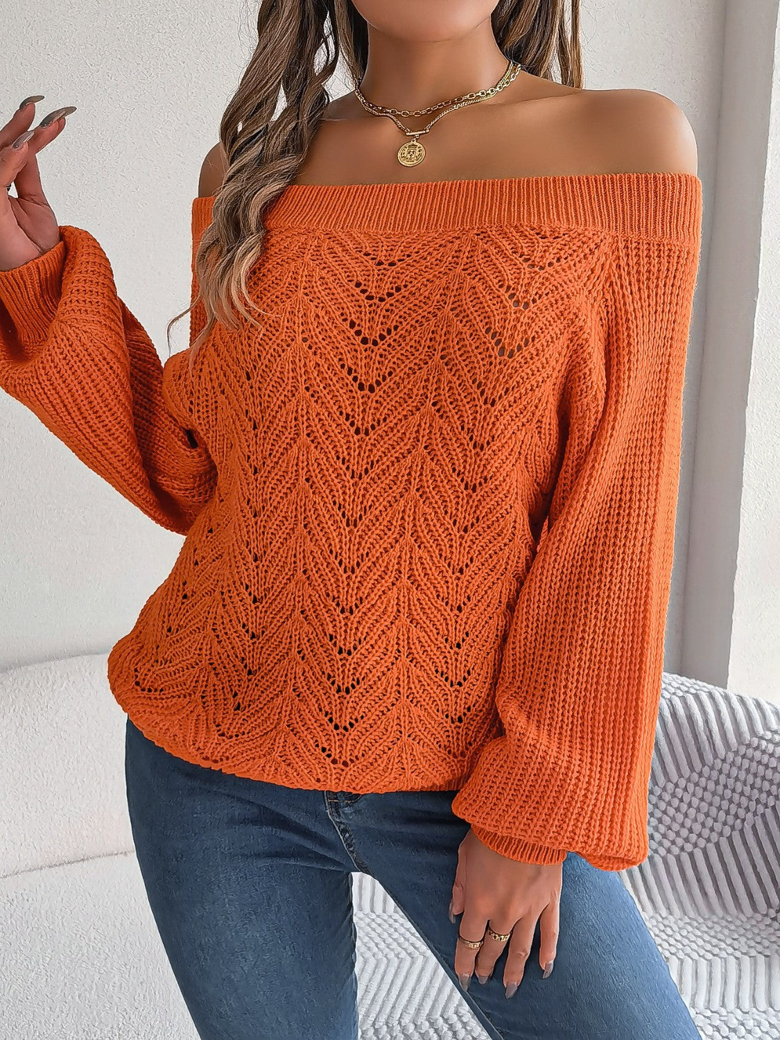 Positano Pareo Off-Shoulder Lace Cables Sweater