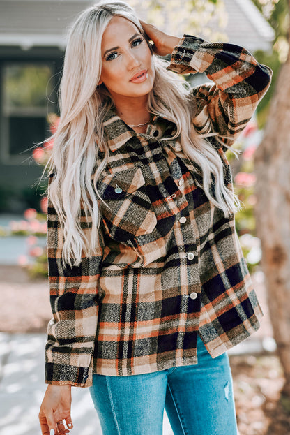 Poison Apples Plaid Button Down Shirt Jacket with Chest Pockets