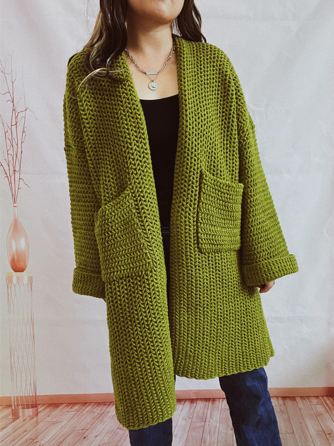 Open Front Long Sleeve Cardigan with Pockets