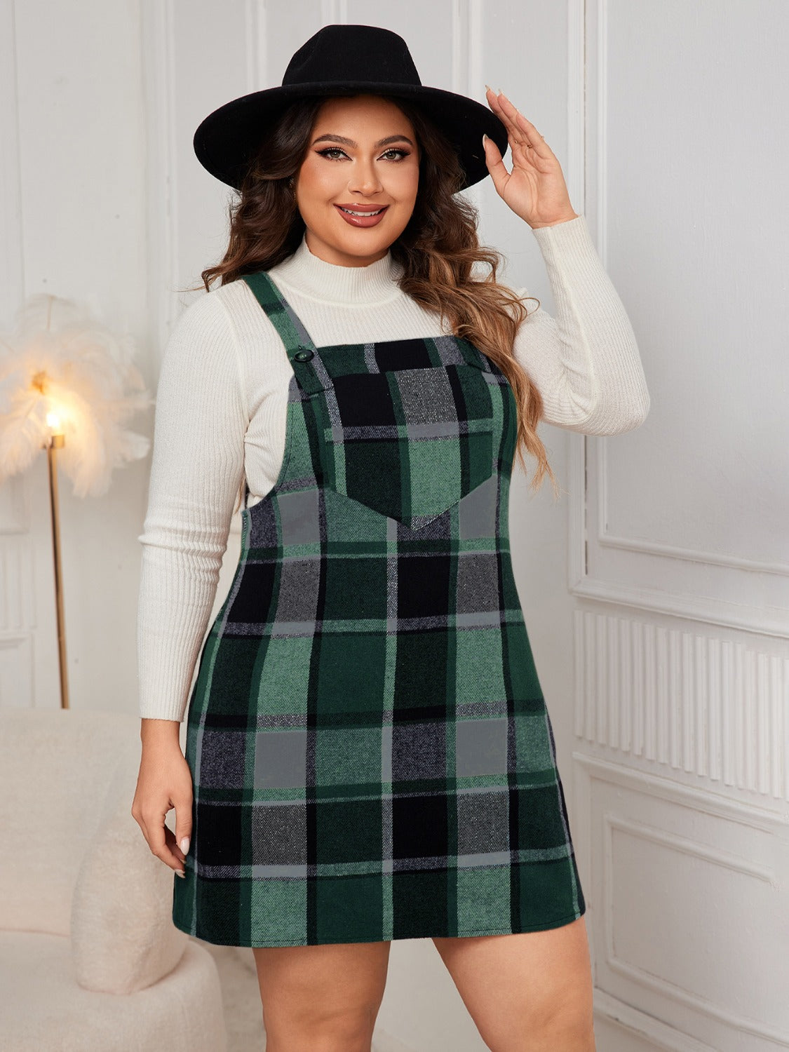 Genteel Grace Plus Size Plaid Wide Strap Overall Dress