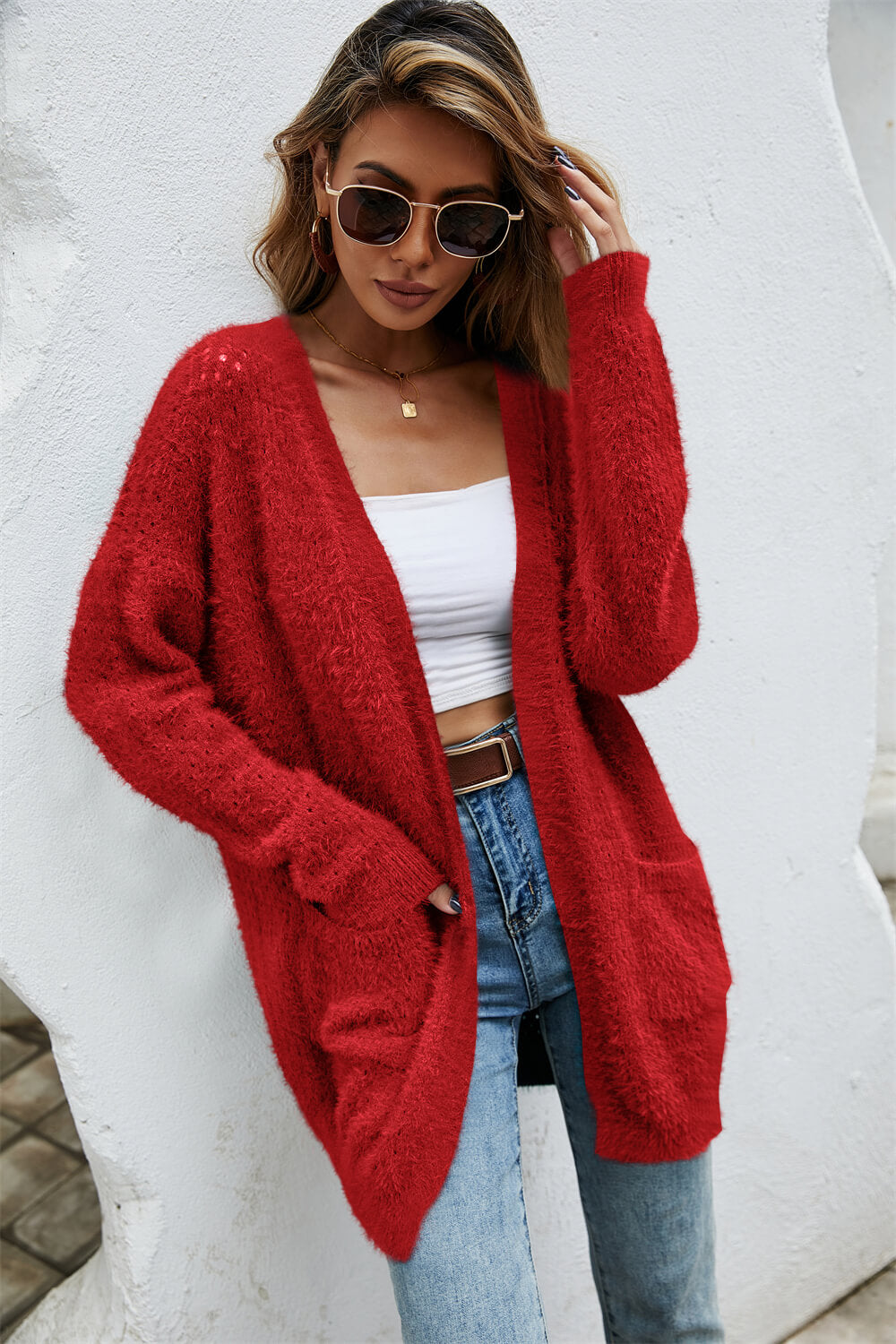 The Wispwool Open Front Openwork Fuzzy Cardigan with Pockets