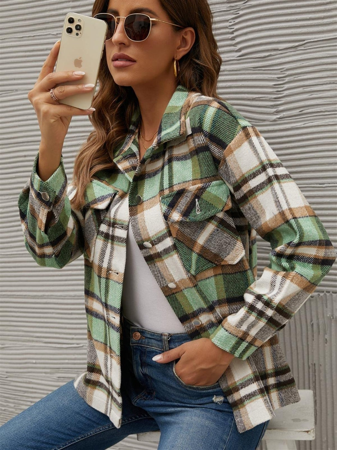 Forest Glade Plaid Collared Neck Long Sleeve Jacket