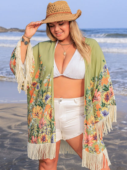 Everlasting Garden Plus Size Fringe Open Front Kimono Cover-Up