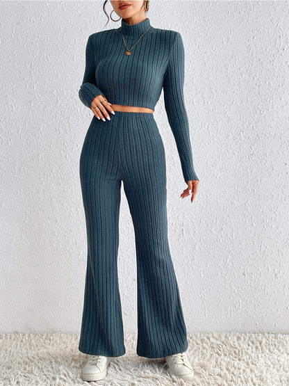 Foxglove Ribbed Mock Neck Cropped Sweater & High Waist Pants Set