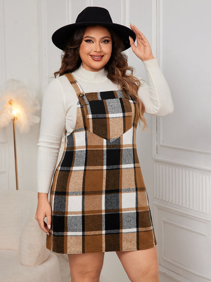 Genteel Grace Plus Size Plaid Wide Strap Overall Dress