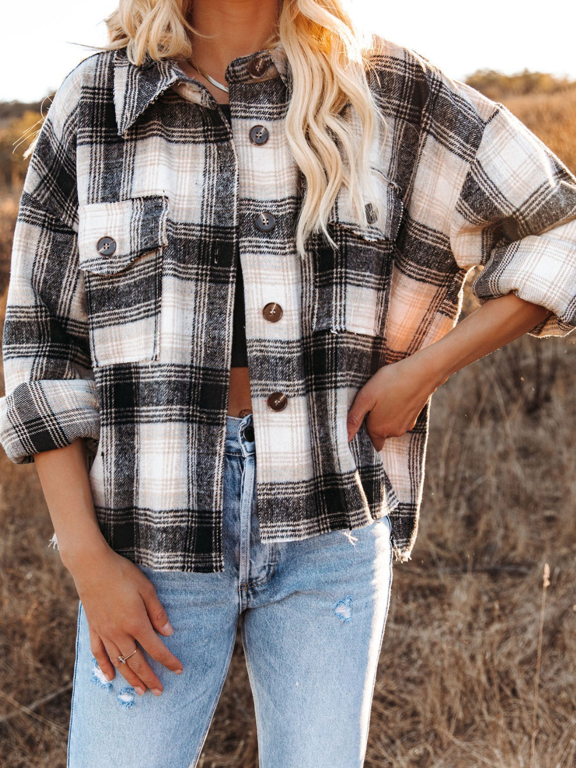 Frosted Fables Pocketed Plaid Button Down Long Sleeve Shacket