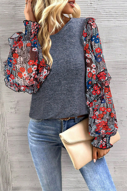 Swirling Leaves Ruffle Tiered Floral Sleeve Blouse